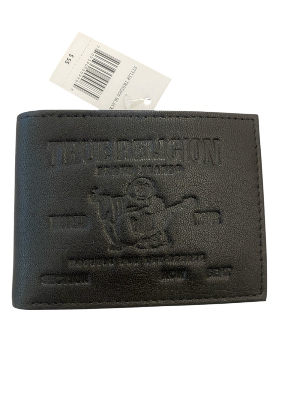True Religion Black Embossed Leather Black Wallet with Logo NEW